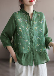 Tea Green Peter Pan Collar Button Linen Shirt Long Sleeve