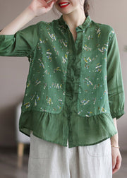 Tea Green Peter Pan Collar Button Linen Shirt Long Sleeve