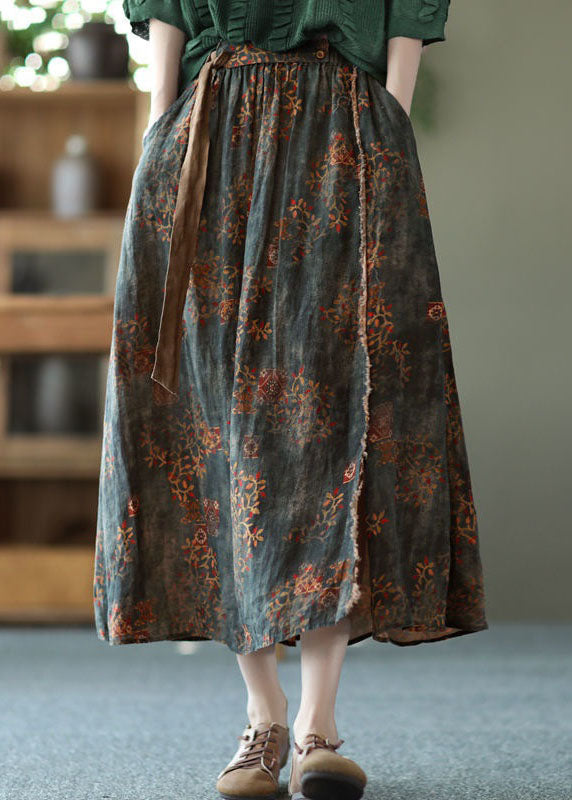 Tea Green Pockets Print Linen Skirts Wrinkled Tie Waist Summer