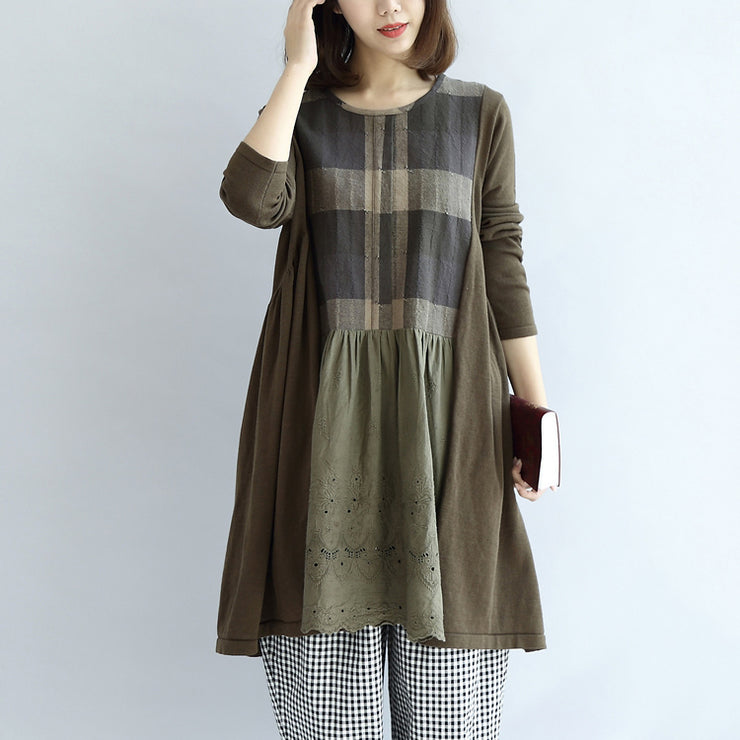 Teegrüne Patchwork-Karo-Baumwollkleider übergroße lässige Etuikleider