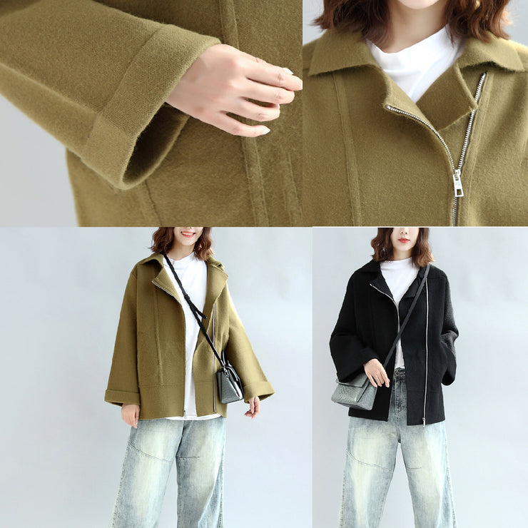 Tea green zippered woolen short coats oversize jackets cape coat