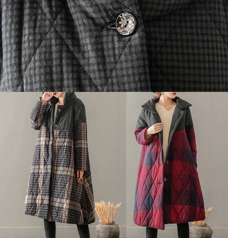 Thick Gray Plaid Coats Plus Size Clothing Coats Stand Collar Button Down outwear - SooLinen