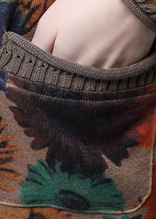 2024 Baggy V Neck Print Pockets Knit Tops Long sleeve