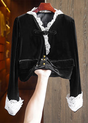 Top Quality Black Button Lace Patchwork Silk Velour Top Fall