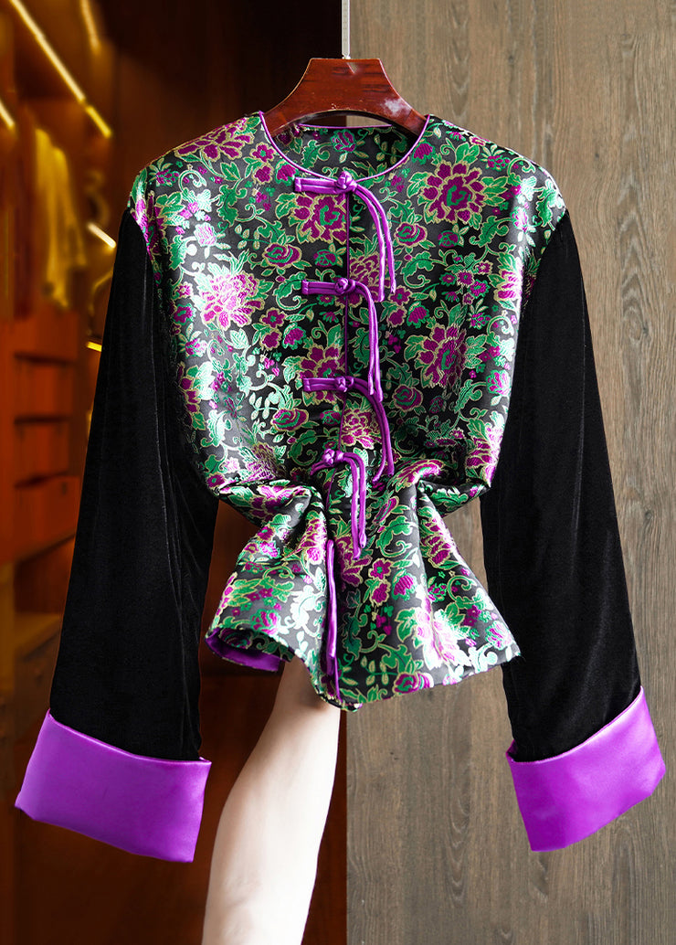 Top Quality Black Embroidered Button Patchwork Silk Velour Parka Winter