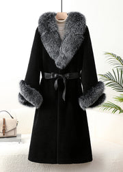 Top Quality Black Fox Collar Pockets Tie Waist Cashmere Coats Winter