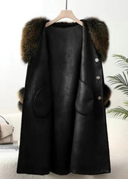 Top Quality Black Fox Collar Pockets Tie Waist Cashmere Coats Winter