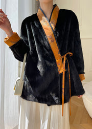 Top Quality Black Print Lace Up Mink Hair Leather And Fur Coats Winter
