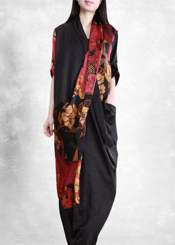 2022 Black Red V Neck Asymmetrical Print wrinkled Pockets Silk Dress Half Sleeve