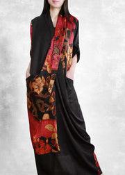 2022 Black Red V Neck Asymmetrical Print wrinkled Pockets Silk Dress Half Sleeve