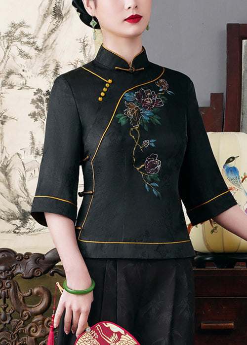 Top Quality Black Stand Collar Button Silk Top Half Sleeve