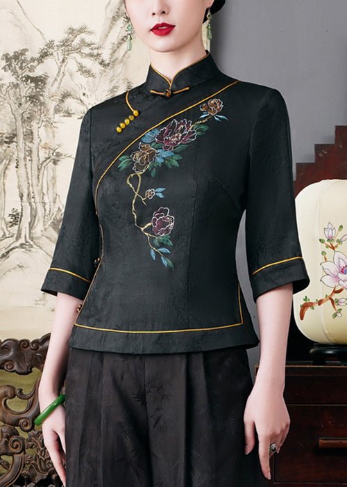 Top Quality Black Stand Collar Button Silk Top Half Sleeve