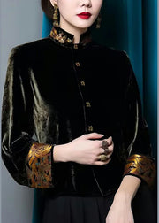 Top Quality Black Stand Collar Button Silk Velour Coats Fall