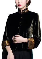 Top Quality Black Stand Collar Button Silk Velour Coats Fall