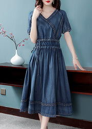 2022 Blue Cinched V Neck Cotton Denim Dress Short Sleeve