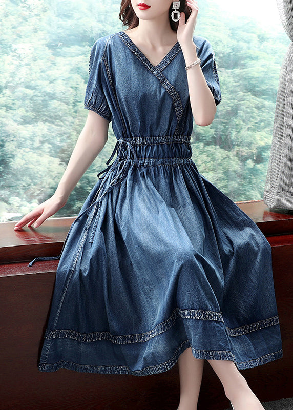 2024 Blue Cinched V Neck Cotton Denim Dress Short Sleeve