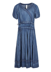 2024 Blue Cinched V Neck Cotton Denim Dress Short Sleeve