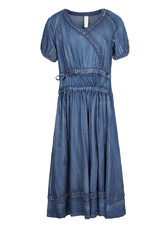 2022 Blue Cinched V Neck Cotton Denim Dress Short Sleeve