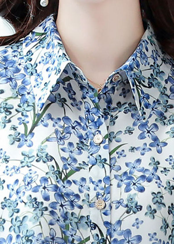 2024 Blue Peter Pan Collar Print Chiffon Long Blouse Top Half Sleeve
