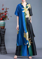 2022 Blue Side Open V Neck Patchwork Chiffon Two Pieces Set Summer