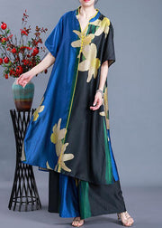 2022 Blue Side Open V Neck Patchwork Chiffon Two Pieces Set Summer