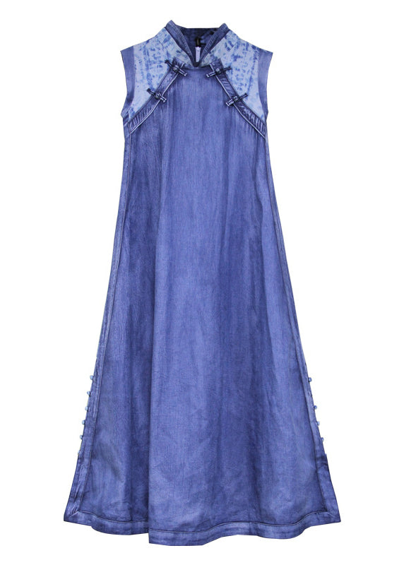 2024 Blue Stand Collar Button Patchwork Long Denim Dress Sleeveless