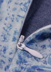 2022 Blue Stand Collar Button Patchwork Long Denim Dress Sleeveless