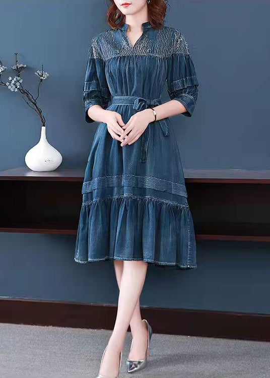2022 Blue V Neck Embroidered wrinkled Sashes Holiday Dress Half Sleeve