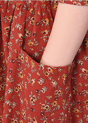 2024 Brick Red Cinched Print Linen Long Dress Long Sleeve