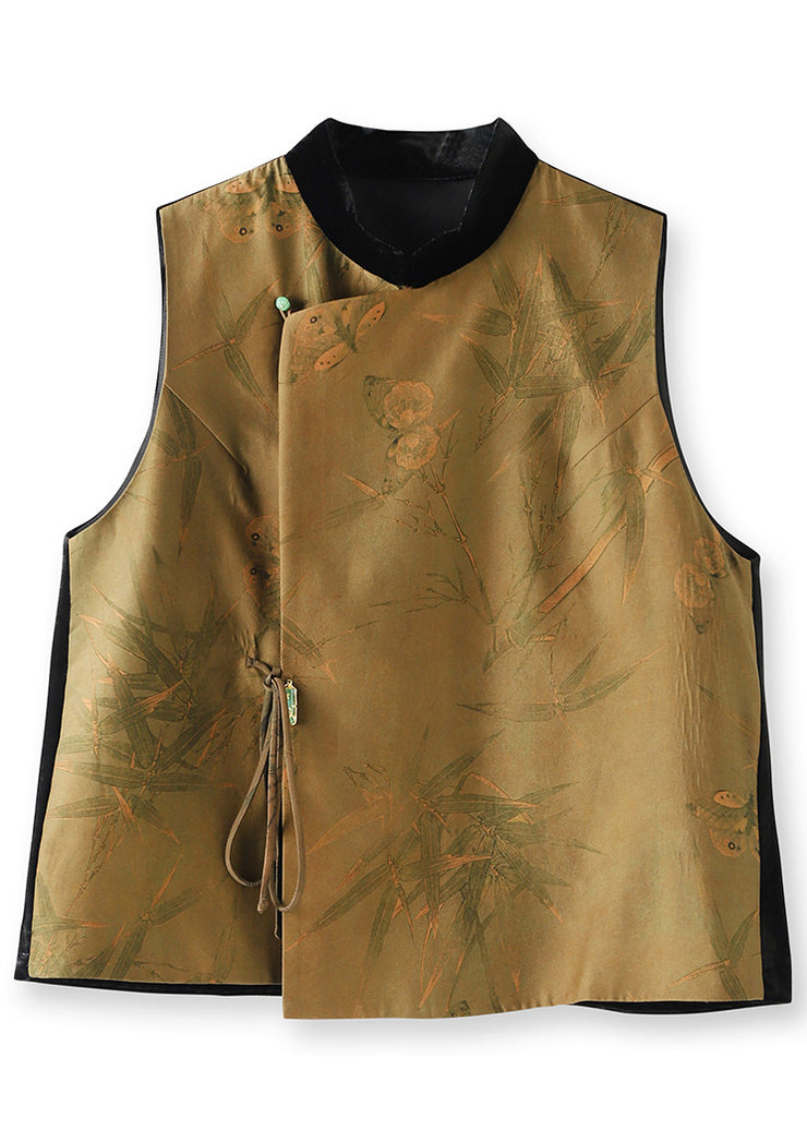 Top Quality Button Print Lace Up Patchwork Silk Waistcoat Sleeveless