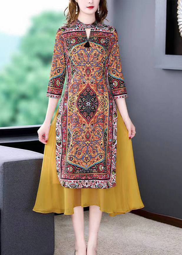 2024 Fitted Yellow Stand Collar Patchwork Print Chiffon Fake Two Piece Dress Summer