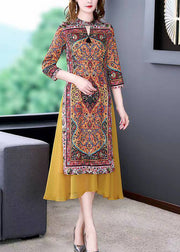 2024 Fitted Yellow Stand Collar Patchwork Print Chiffon Fake Two Piece Dress Summer