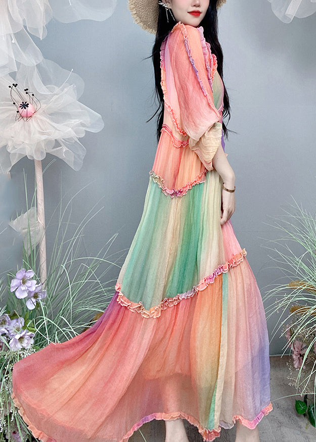 Top Quality Gradient Color Ruffled Patchwork Silk Exra Large Hem Long Dress Fall