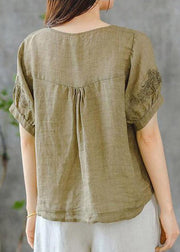 2024 Grass Green O-Neck Embroidered Ruffled Linen Tops Short Sleeve
