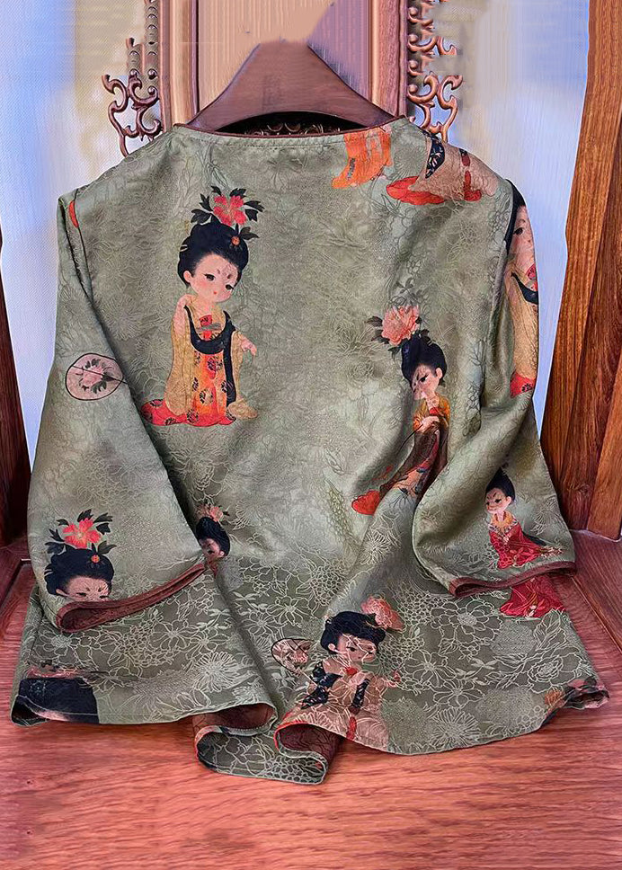 Top Quality Green Belle Print Chinese Button Patchwork Silk Blouse Top Summer