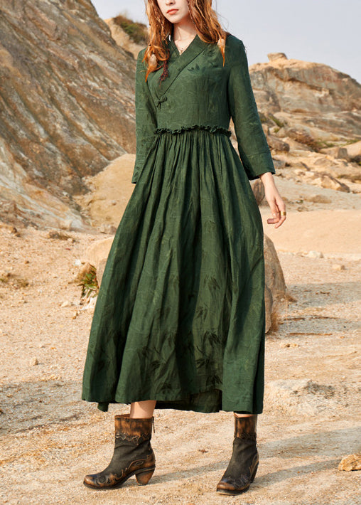 2022 Green Cinched V Neck Ruffled Silk Holiday Dress Long Sleeve