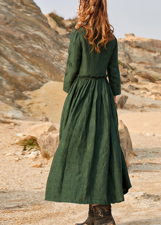 2022 Green Cinched V Neck Ruffled Silk Holiday Dress Long Sleeve