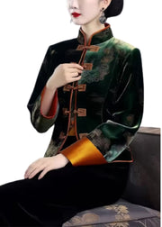 Top Quality Green Embroidered Button Patchwork Silk Coat Fall