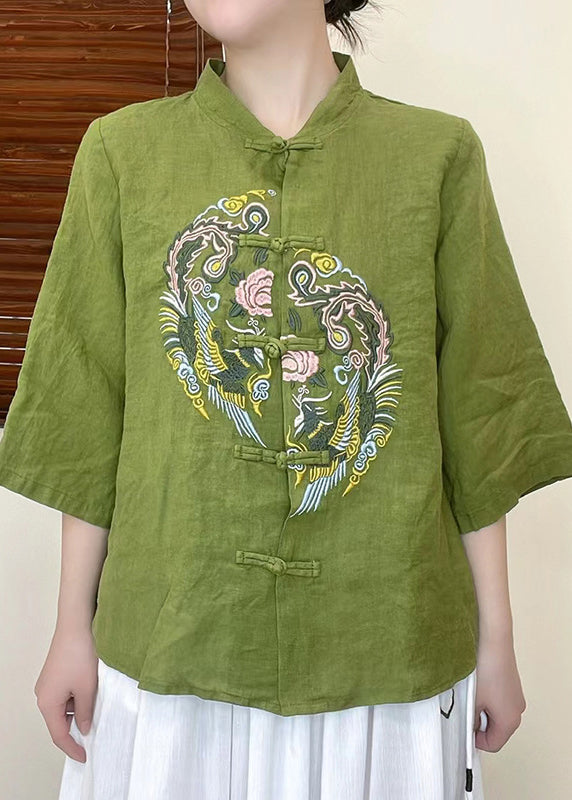 2024 Green Embroidered Linen Shirt Top Half Sleeve