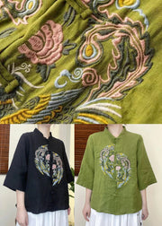2022 Green Embroidered Linen Shirt Top Half Sleeve