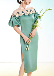 Top Quality Green Embroidered Side Open Silk Dress Puff Sleeve