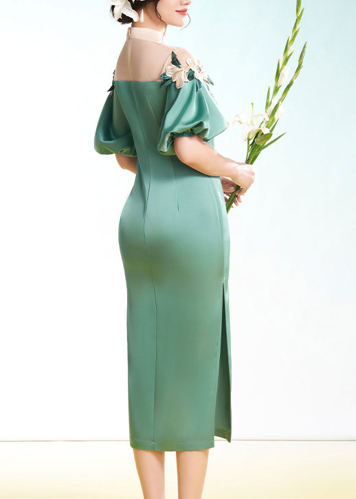 Top Quality Green Embroidered Side Open Silk Dress Puff Sleeve