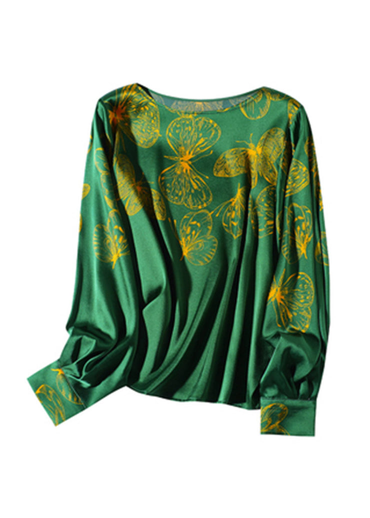 2024 Green O-Neck Butterfly Print Silk Tops Long sleeve