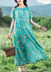 2024 Green O-Neck Print Linen Dress Short Sleeve