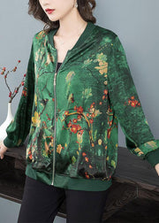 2024 Green O-Neck Print Zip Up Silk Coats Long Sleeve