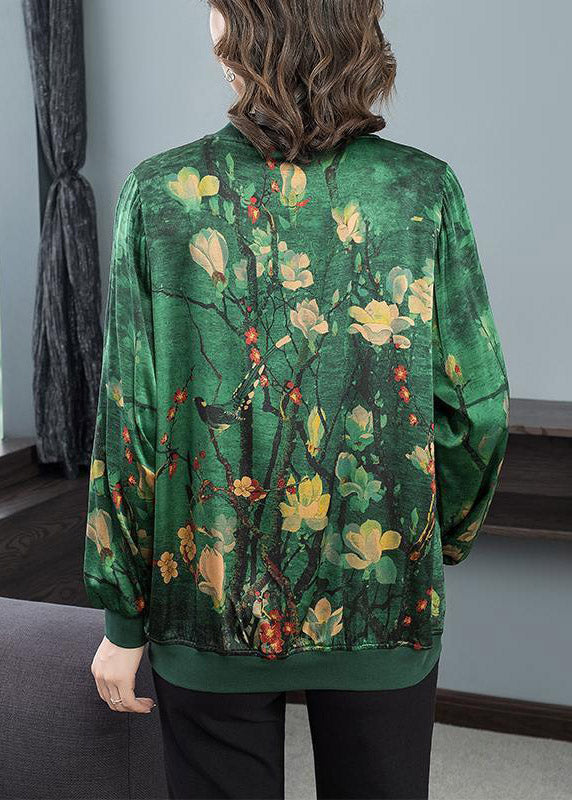 2024 Green O-Neck Print Zip Up Silk Coats Long Sleeve