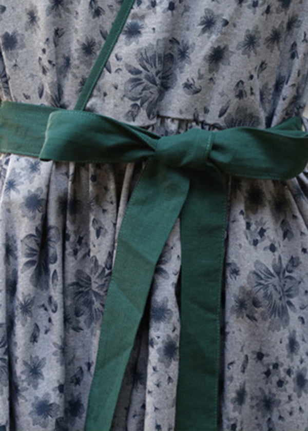 2024 Green Tie Waist Print Linen Long Dress Three Quarter sleeve
