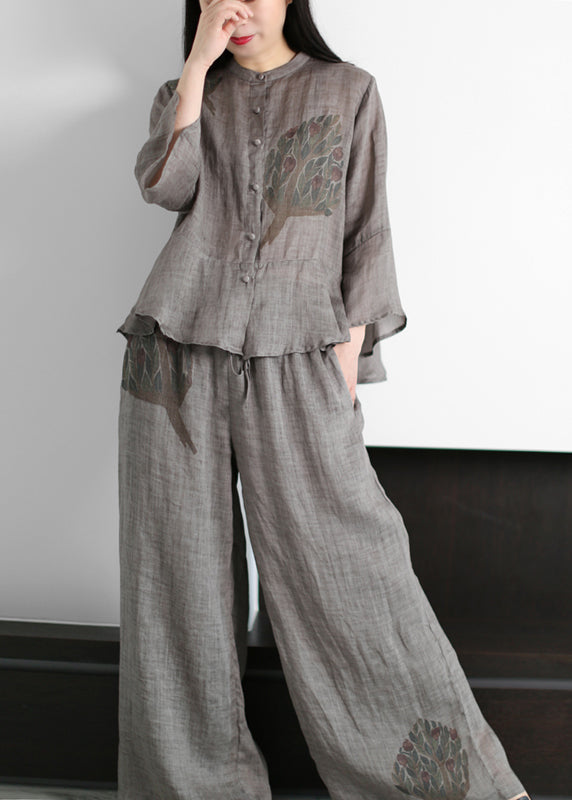 2022 Grey Stand Collar Print Linen Tops And Wide Leg Pants Two Piece Outfit flare sleeve