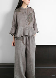 2024 Grey Stand Collar Print Linen Tops And Wide Leg Pants Two Piece Outfit flare sleeve