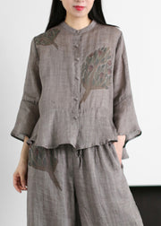 2024 Grey Stand Collar Print Linen Tops And Wide Leg Pants Two Piece Outfit flare sleeve